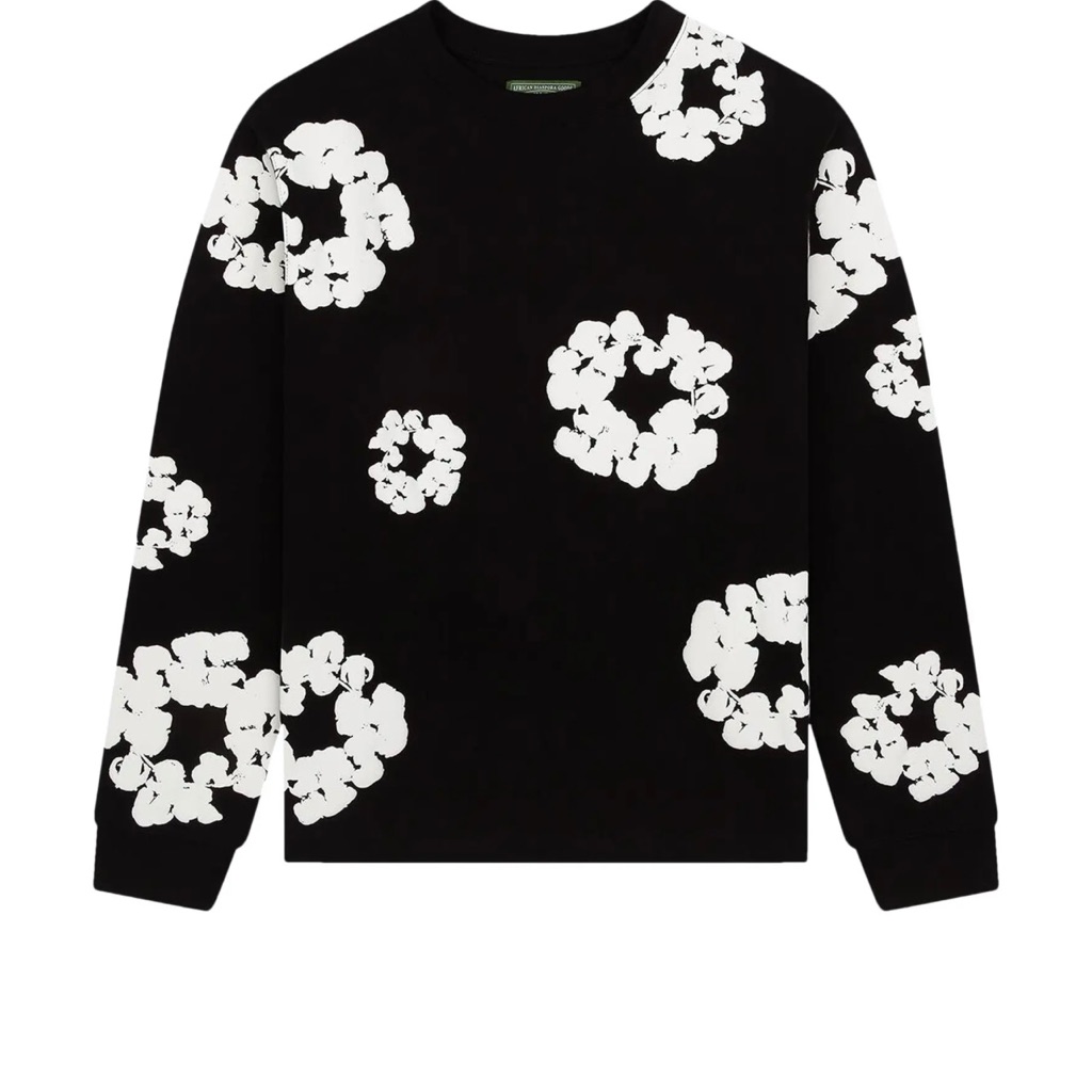 Black And White Crewneck Sweater With Bold Floral Design